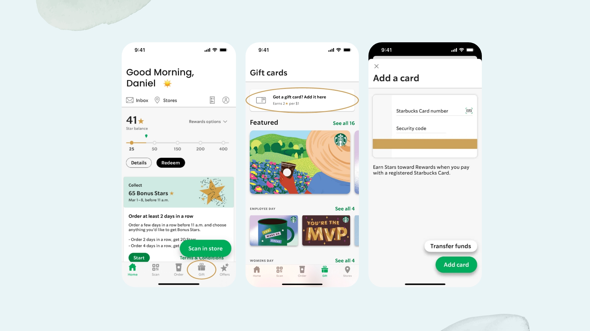 can you add a starbucks gift card to the app