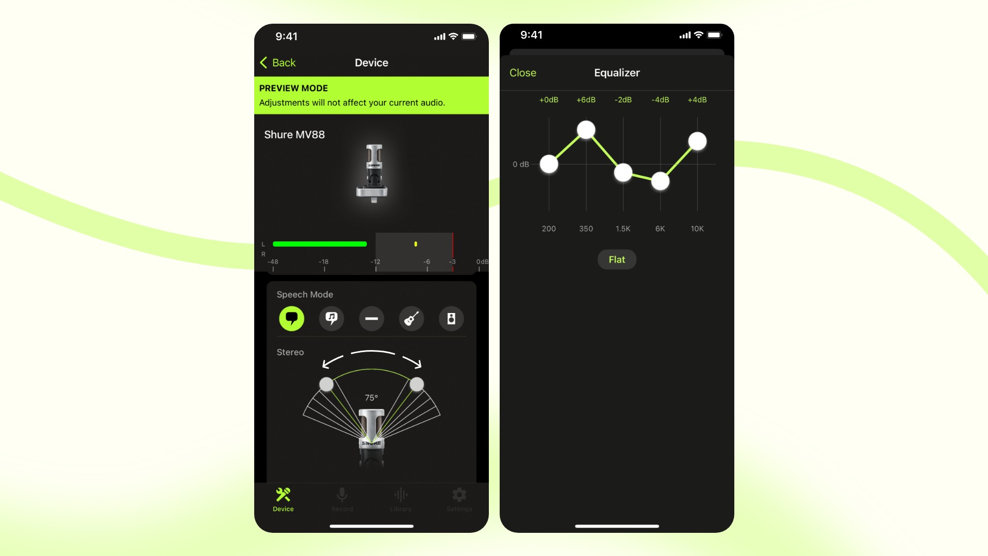 Sound recording performance with the ShurePlus MOTIV app